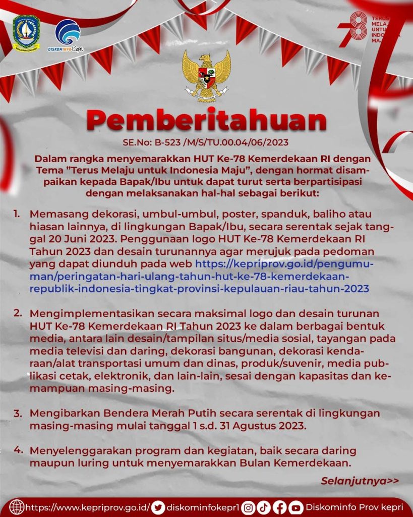 HUT ke-78 RI, Gubernur Kepri Imbau Masyarakat Pasang Bendera Merah Putih
