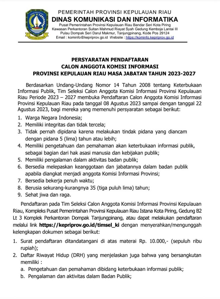 Timsel Buka Seleksi Calon Anggota Komisi Informasi Kepri, Ini Syaratnya 