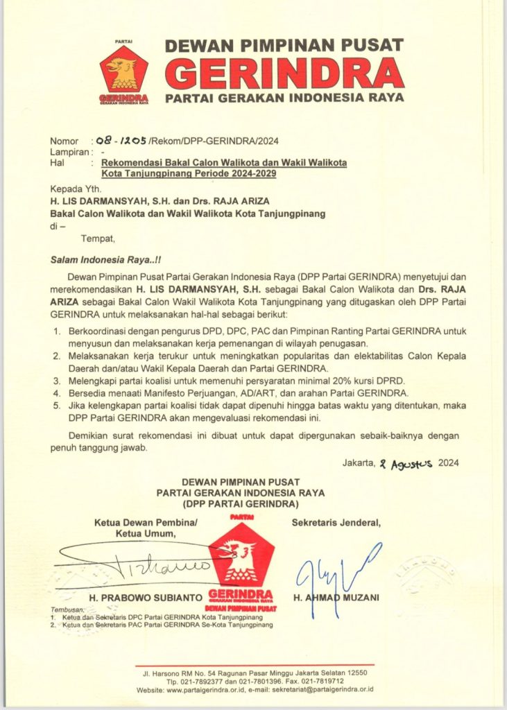 Partai Gerindra Usung Lis Darmansyah-Raja Ariza di Pilkada Tanjungpinang 2024
