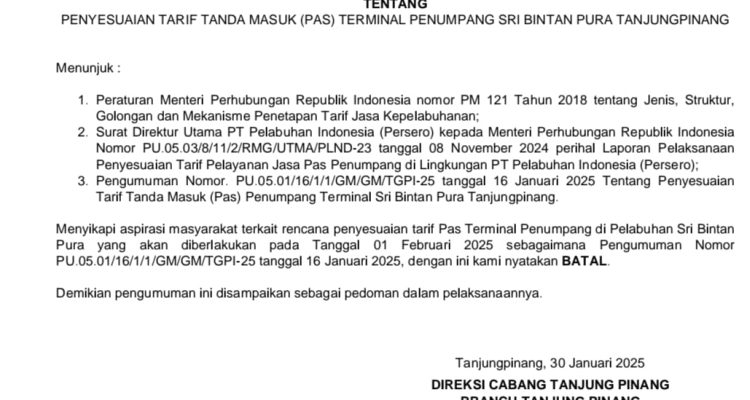 Penuhi Harapan Masyarakat, Pelindo Tanjungpinang Batalkan Kenaikan Tarif Pelabuhan