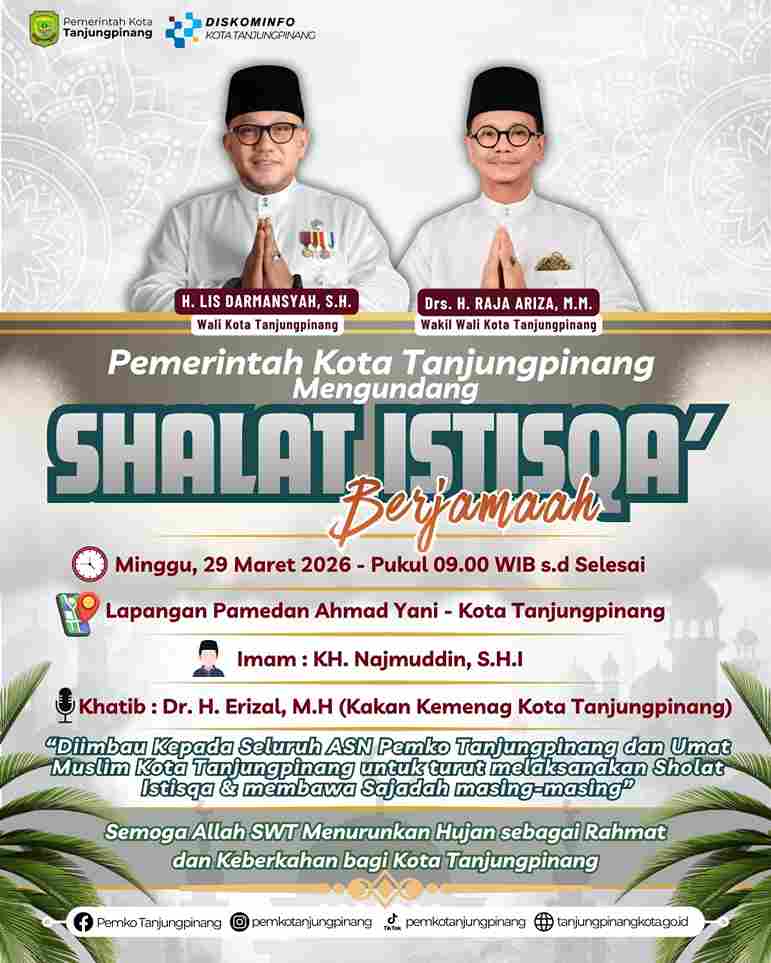 Pemko Tanjungpinang Gelar Salat Istisqa, 29 Maret di Lapangan Pamedan: Hadapi Krisis Air-Ancaman Karhutla